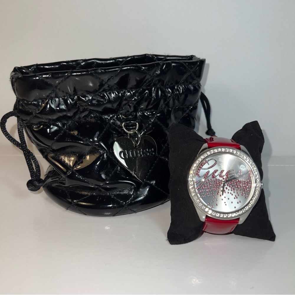Guess Watch with Swarovski Crystal and red leather bracelet + pouch.